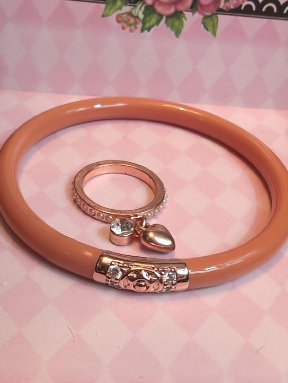 Budhagirl Rose Gold-Tone Peach & Heart Charm Bracelet / Ring Set